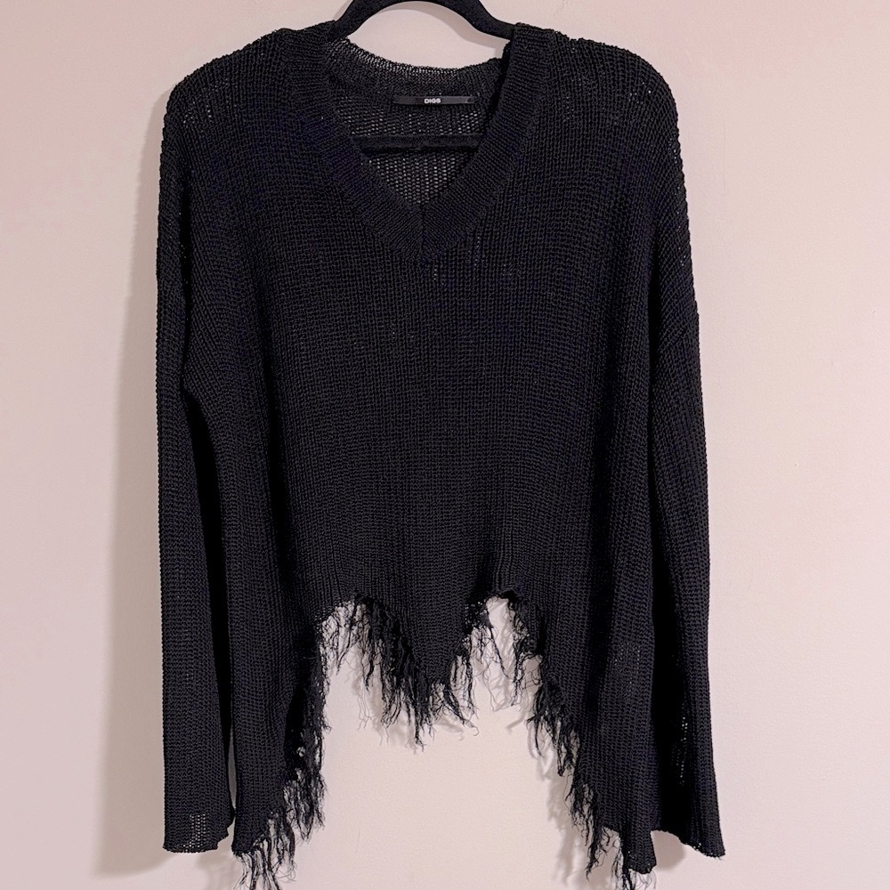 DIGS NYC shredded v neck cropped sweater black semi sheer knit NWT fall